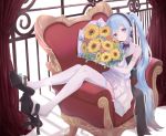  1girl absurdres armchair black_footwear blue_eyes blue_hair bouquet chair commentary curtains dress elbow_gloves english_commentary eyebrows_visible_through_hair flower full_body gloves hair_between_eyes hatsune_miku high_heels highres holding holding_bouquet long_hair looking_at_viewer miku_symphony_(vocaloid) shoe_dangle sitting sitting_sideways solo sunflower thighhighs twintails very_long_hair vocaloid white_dress white_gloves white_legwear yuzuaji 