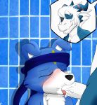  anthro band blue_body blue_fur blue_scales blush canid canine canis demon digimon digimon_(species) digital_media_(artwork) domestic_dog dragon duo eyes_closed facial_markings fangs fur gaomon genitals hair head_markings hi_res horn humanoid magnamon male male/male mammal markings oral oral_penetration orgasm orgasm_face penetration penis scale scales scar sveemon tongue veemon white_body white_fur white_hair white_penis 