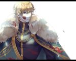  1boy armor blonde_hair blood blood_on_face bloody_clothes blue_cape blue_eyes cape collared_cape fate/extra fate/grand_order fate_(series) fur_collar gawain_(fate/extra) knight knights_of_the_round_table_(fate) long_sleeves looking_to_the_side male_focus rankaku_(dandanzi123) short_hair simple_background solo upper_body white_background 