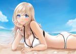  1girl arm_rest ass bangs beach bikini blonde_hair blue_eyes blue_sky blush breasts cleavage cloud commentary_request eyebrows_visible_through_hair hair_over_shoulder halterneck highres long_hair looking_at_viewer lying medium_breasts mossan_(mossan-777) nail_polish ocean on_stomach original outdoors sand sky sleeveless smile solo swimsuit two-tone_bikini watch water wristlet 
