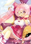  1girl ;d ahoge animal_ears armchair bare_shoulders blush bow breasts bunny_ears chair choker cleavage collarbone crossed_legs di_gi_charat dice_hair_ornament frilled_legwear frilled_skirt frills glasses hair_bow hair_intakes hair_ornament hand_up heart kouu_hiyoyo long_hair looking_at_viewer medium_breasts on_chair one_eye_closed open_mouth pink_hair pleated_skirt puffy_short_sleeves puffy_sleeves red-framed_eyewear red_bow red_choker red_eyes red_skirt short_sleeves sidelocks sitting skirt smile socks solo twintails usada_hikaru very_long_hair white_legwear white_sleeves 