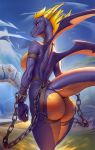  2020 5_fingers activision anthro big_butt breasts butt chain collar crossgender dragon female fingers hi_res horn looking_at_viewer looking_back mtf_crossgender non-mammal_breasts nude outside purple_body purple_eyes purple_scales purple_tail scales scalie skygracer solo spyro spyro_the_dragon video_games western_dragon wings 