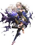  1girl armor armored_dress ass bangs black_leotard breasts cape corrin_(fire_emblem) corrin_(fire_emblem)_(female) elbow_pads fire_emblem fire_emblem_fates fire_emblem_heroes floating floating_object full_body gloves hairband highres leg_up leotard long_hair looking_away manakete medium_breasts official_art open_mouth pointy_ears red_eyes senchat shiny shiny_hair sleeveless solo stone thighhighs toeless_legwear toes torn_cape torn_clothes transparent_background white_hair 