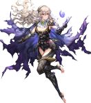  1girl armor bangs black_leotard breasts cape cleavage closed_mouth corrin_(fire_emblem) corrin_(fire_emblem)_(female) detached_collar elbow_pads fire_emblem fire_emblem_fates fire_emblem_heroes floating floating_object full_body gloves hairband highres leg_up leotard long_hair looking_away manakete medium_breasts official_art pointy_ears red_eyes senchat shiny shiny_hair sleeveless solo stone thighhighs toeless_legwear toes torn_cape torn_clothes transparent_background white_hair 