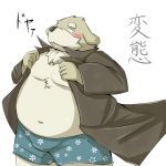  1:1 2013 anthro belly blush bulge canid canine canis clothing domestic_dog emufu humanoid_hands japanese_text kemono male mammal navel overweight overweight_anthro overweight_male simple_background solo text underwear white_background 