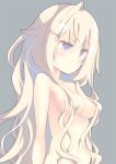  1girl bangs bare_arms bare_shoulders blonde_hair blue_eyes breasts closed_mouth expressionless eyebrows_visible_through_hair grey_background hair_between_eyes hair_censor hair_over_breasts long_hair medium_breasts nude original simple_background solo standing yamadori_yoshitomo 