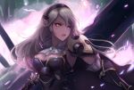  1girl armor breasts brooch cape cleavage corrin_(fire_emblem) corrin_(fire_emblem)_(female) fire_emblem fire_emblem_fates gauntlets jewelry large_breasts leonmandala long_hair manakete pauldrons pointy_ears red_eyes revision shoulder_armor solo white_hair 