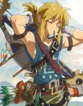  1boy adjusting_hair arrow_(projectile) bandaged_arm bandages bangs belt blonde_hair blue_shirt blush bow_(weapon) brown_belt closed_eyes cloud day enotou_(enotou_moi) green_shorts highres link male_focus mouth_hold outdoors pointy_ears pouch quiver shield shirt shorts sidelocks sky sleeveless sleeveless_shirt the_legend_of_zelda the_legend_of_zelda:_breath_of_the_wild weapon weapon_on_back 
