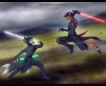  3_tails anthro battle canid canine canis cheetah clothed clothing duo felid feline jedi lightsaber male male/male mammal melee_weapon multi_tail rexwind star_wars text url weapon wolf 
