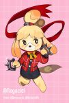  2020 abstract_background animal_crossing anthro atlus barefoot bell big_ears black_nose black_sclera blonde_hair blush bottomwear bow canid canine canis clothed clothing cosplay domestic_dog female floppy_ears frown fur hair isabelle_(animal_crossing) looking_away makoto_niijima mammal megami_tensei megami_tensei_persona multicolored_body multicolored_fur multicolored_tail nintendo pink_background portrait pose scarf shih_tzu shirt simple_background skirt solo spikes topwear toy_dog video_games white_body white_eyes white_fur white_tail yasaikakiage yellow_body yellow_fur yellow_tail 