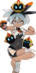  1girl bangs barefoot black_bodysuit black_hairband blue_eyes bodysuit bodysuit_under_clothes breasts closed_mouth collared_shirt commentary_request covered_navel dynamax_band falinks gen_8_pokemon gloves grey_hair gym_leader hair_between_eyes hairband hands_up knee_pads leg_up looking_at_viewer on_head pokemon pokemon_(creature) pokemon_(game) pokemon_on_head pokemon_on_leg pokemon_swsh print_shirt print_shorts saitou_(pokemon) shirt short_hair short_sleeves shorts single_glove tied_shirt toes xschinkenwurstx 