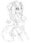  anthro breasts canid canine canis clitoris female genitals hi_res looking_at_viewer luna_(hunterx90) mammal markings_(fur) michele_light monochrome nipples nude pose pussy solo teasing wolf 