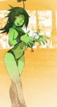  1girl ahoge bare_shoulders blush breasts character_request commentary copyright_request crystal eyebrows_visible_through_hair eyes_visible_through_hair fingerless_gloves flower forehead gloves green_gloves green_hair green_skin hair_intakes hands_up happy kuroi_moyamoya light_blush loincloth long_hair looking_at_viewer medium_breasts monster_girl navel nose_blush notice_lines open_mouth orange_background plant_girl red_flower sideboob single_glove smile solo sparkle standing stomach wristband yellow_eyes 