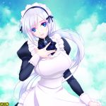  1girl black_bow blue_eyes bow breasts cloud day hand_up large_breasts long_sleeves maid maid_headdress mi3m omc outdoors puffy_long_sleeves puffy_sleeves short_hair silver_hair smile solo upper_body watermark 