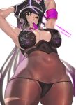  1girl absurdres armband armpits ashiomi_masato bangs bikini bikini_bottom black_hair bodystocking breasts cleavage commentary_request covered_navel fate/grand_order fate_(series) hat highres large_breasts lips loincloth looking_at_viewer mouth_hold multicolored_hair peaked_cap purple_hair seductive_smile sesshouin_kiara sesshouin_kiara_(swimsuit_mooncancer)_(fate) shiny shiny_clothes shiny_hair shiny_skin simple_background sleeveless smile solo swimsuit thighs torn_clothes two-tone_hair white_background yellow_eyes zipper zipper_pull_tab 