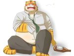  2013 4:3 anthro belly blush bottomwear clothing drunk emufu eyes_closed felid kemono male mammal necktie overweight overweight_anthro overweight_male pantherine pants shirt simple_background sitting solo substance_intoxication tiger topwear white_background 