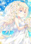  1girl ahoge bangs bare_arms bare_shoulders beach blonde_hair blue_eyes blush bouquet bracelet bridal_veil dress flower hair_flower hair_ornament holding holding_bouquet jewelry long_hair ocean original sky sleeveless sleeveless_dress smile solo standing veil white_dress yamadori_yoshitomo 