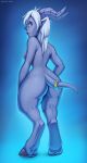  2020 blizzard_entertainment blue_background blue_body blue_skin breasts digital_media_(artwork) draenei female hair hi_res hooves horn humanoid humanoid_pointy_ears nude side_boob simple_background solo standing tail_ring video_games warcraft white_hair zazush-una 