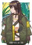  1girl black_choker black_gloves brown_eyes brown_hair camouflage camouflage_jacket character_name choker closed_mouth crossed_arms eyebrows_visible_through_hair girls_frontline gloves hair_ornament hair_ribbon jacket long_hair looking_away navel open_eyes ribbon scar scar_across_eye shirt silayloe simple_background solo ump40_(girls_frontline) ump45_(girls_frontline) white_shirt 