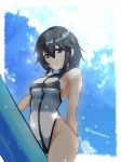  1girl black_hair blue_sky breasts casual_one-piece_swimsuit cloud cowboy_shot hayasui_(kantai_collection) highres honma_(honmatomohiro) kantai_collection medium_breasts one-piece_swimsuit short_hair silver_eyes sky solo surfboard swimsuit turtleneck white_swimsuit 