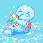  1:1 2020 ambiguous_gender bald barefoot beverage blue_background blue_body blue_skin blue_tail blush cherry cup drinking eyes_closed feral floatie food fruit nintendo plant pok&eacute;mon pok&eacute;mon_(species) scalie shell simple_background smile solo squirtle straw video_games water yasaikakiage 