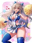  1girl absurdres ahoge blonde_hair blue_legwear blue_panties breasts cheerleader cleavage commission hair_between_eyes hair_ornament heart highres holding holding_pom_poms large_breasts long_hair looking_at_viewer miniskirt open_mouth panties phantasy_star phantasy_star_online_2 pom_poms red_eyes shannon_(chiffonx) skirt skirt_lift sleeveless solo star_(symbol) sweat thighhighs thighs underwear valgiris wristband zipper 