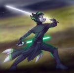  3_tails anthro canid canine canis clothed clothing jedi lightsaber male mammal melee_weapon multi_tail rexwind solo star_wars weapon wolf 