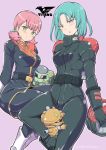  2girls blue_eyes blue_hair bolinoak_sammahn chibi gabthley green_eyes gundam helmet highres holding holding_helmet iwasaki_masakazu looking_down mecha military military_uniform mouar_pharaoh multiple_girls one-eyed pilot_suit pink_background pink_hair sarah_zabiarov sitting uniform zeta_gundam 