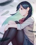  1girl black_hair black_legwear blue_eyes bow bowtie cardigan_vest colored_inner_hair feathers from_side glasses grey_skirt haikyuu!! leg_hug long_hair multicolored_hair pantyhose pink_neckwear pleated_skirt rimless_eyewear rotix school_uniform shimizu_kiyoko skirt solo 