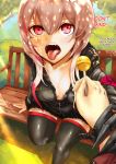  1boy 1girl arm_grab bangs blonde_hair breasts candy collarbone commander_(girls_frontline) english_text eyebrows_visible_through_hair fangs food girls_frontline hessra highlights jacket lollipop long_hair m4_sopmod_ii_(girls_frontline) medium_breasts multicolored_hair no_bra open_clothes open_jacket open_mouth pleated_skirt pov red_eyes red_hair saliva saliva_trail sidelocks skindentation skirt thighhighs tongue tongue_out zettai_ryouiki 
