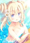  1girl ahoge bangs bare_arms bare_shoulders blonde_hair blue_eyes blush breasts cleavage collarbone eyebrows_visible_through_hair flower hair_flower hair_ornament hand_on_own_cheek looking_at_viewer nude original parted_lips solo standing water yamadori_yoshitomo 