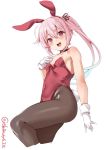  1girl animal_ears black_leotard blue_hair blush breasts bunny_ears bunny_girl bunny_tail bunnysuit cowboy_shot ebifurya gloves gradient_hair hair_flaps harusame_(kantai_collection) highres kantai_collection leotard multicolored_hair open_mouth pink_hair red_eyes ribbon side_ponytail small_breasts smile solo tail twitter_username white_background white_gloves 