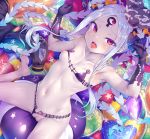  1girl abigail_williams_(fate/grand_order) abigail_williams_(swimsuit_foreigner)_(fate) bangs bare_shoulders bikini black_bikini black_bow bow breasts collarbone double_bun fate/grand_order fate_(series) forehead keyhole long_hair multiple_bows navel orange_bow parted_bangs pink_eyes sidelocks small_breasts swimsuit thighs third_eye toraishi_666 very_long_hair white_hair white_skin 