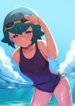  1girl absurdres aqua_hair bangs blush closed_mouth cloud collarbone commentary_request day eyebrows_visible_through_hair freckles goggles goggles_on_head hand_on_goggles highres komadera looking_at_viewer one-piece_swimsuit outdoors pokemon pokemon_(game) pokemon_sm purple_eyes purple_swimsuit short_hair sky smile solo suiren_(pokemon) swimsuit wading water water_drop 
