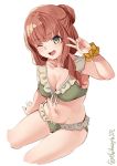  1girl ;d bangs blunt_bangs braid breasts collarbone cowboy_shot curly_hair de_ruyter_(kantai_collection) ebifurya frilled_swimsuit frills green_eyes green_swimsuit highres kantai_collection long_hair medium_breasts one_eye_closed open_mouth red_hair side_braid smile swimsuit twitter_username v white_background 