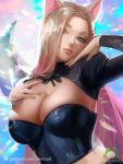  1girl ahri animal_ears aqua_eyes blonde_hair breasts cleavage cleavage_cutout crop_top fox_ears k/da_(league_of_legends) large_breasts league_of_legends long_hair long_sleeves looking_at_viewer nextoad patreon_username pose solo the_baddest_ahri vastaya watermark whisker_markings 