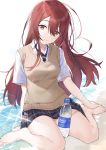  1girl :3 arm_behind_back arm_support bangs bare_legs barefoot blush bottle breasts brown_eyes brown_hair closed_mouth collared_shirt commentary_request diagonal_stripes eyebrows_visible_through_hair hair_between_eyes hayashi_kewi highres idolmaster idolmaster_shiny_colors long_hair looking_at_viewer miniskirt necktie oosaki_tenka open_mouth plaid plaid_skirt pleated_skirt red_hair shirt short_sleeves sitting skirt smile soaking_feet solo striped striped_neckwear sweater_vest wariza water water_bottle white_background white_shirt wing_collar 