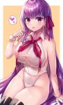  1girl absurdres bangs bb_(fate)_(all) bb_(fate/extra_ccc) beeyan blush breasts fate/extra fate/extra_ccc fate_(series) hair_ribbon highleg highleg_leotard highres leotard long_hair looking_at_viewer neck_ribbon purple_eyes purple_hair red_ribbon ribbon smile very_long_hair white_leotard 