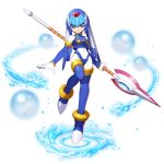  1girl android blue_eyes breasts capcom facing_viewer full_body gloves helmet high_heels highres holding holding_weapon leg_up leviathan_(rockman) looking_at_viewer mizuno_keisuke official_art polearm rockman rockman_x_dive rockman_zero small_breasts smile solo thighhighs transparent_background water weapon 