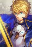  1boy armor armored_dress arthur_pendragon_(fate) blonde_hair blue_cape blue_dress breastplate cape dress excalibur excalibur_(fate/prototype) fate/grand_order fate/prototype fate_(series) gauntlets greaves green_eyes hair_between_eyes highres holding holding_sword holding_weapon hotaruika_niji male_focus pauldrons short_hair shoulder_armor smile solo sword twitter_username upper_body weapon 