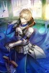  1boy armor armored_dress arthur_pendragon_(fate) blonde_hair blue_cape blue_dress breastplate cape dress excalibur excalibur_(fate/prototype) fate/grand_order fate/prototype fate_(series) faulds gauntlets greaves green_eyes hair_between_eyes highres holding holding_sword holding_weapon hood hood_down looking_at_viewer looking_up male_focus pauldrons short_hair shoulder_armor smile solo standing sword tenyo0819 weapon 
