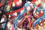  2boys 3girls :d aerial_fireworks ahoge animal bag bagged_fish bangs black_kimono blue_eyes blue_hair blue_kimono bow chinese_commentary commentary eyebrows_visible_through_hair faceless faceless_male festival fireworks fish floral_print goldfish hair_between_eyes hair_bow hand_up hatsune_miku highres holding japanese_clothes kagamine_len kagamine_rin kaito kimono lantern long_hair long_sleeves looking_at_viewer mask mask_on_head megurine_luka multiple_boys multiple_girls night night_sky obi open_mouth outdoors paper_lantern pink_hair print_kimono purple_kimono qys3 red_bow sash sky smile solo_focus standing twintails very_long_hair vocaloid water wide_sleeves 
