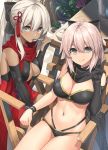  2girls absurdres ahoge asymmetrical_gloves bikini black_bikini black_bow black_gloves black_scarf bow breasts cleavage cleavage_cutout curry fate/grand_order fate_(series) food gloves hair_bow highres large_breasts long_hair looking_at_viewer multi-strapped_bikini multiple_girls navel okita_souji_(alter)_(fate) okita_souji_(fate)_(all) okita_souji_(swimsuit_assassin)_(fate) outdoors plant red_scarf scarf single_glove spoon suiroh_(shideoukami) swimsuit table tassel tied_hair tongue tongue_out v white_eyes white_hair 