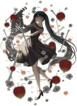  1girl bangs black_dress black_footwear blurry_foreground breasts collarbone commentary_request dress falling_leaves flower from_side grey_flower hatsune_miku high_heels jenevan leaf long-hair long_hair long_sleeves medium_breasts otome_dissection_(vocaloid) parted_lips shoes skeleton skull smile solo very_long_hair white_background 