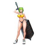  1girl abs arm_up armpits bangs bikini breasts cleavage eyebrows_visible_through_hair fingerless_gloves full_body gloves green_hair hand_on_hip highres huge_weapon large_breasts last_origin looking_at_viewer mighty_r navel official_art open_mouth red_eyes shoes short_hair sima_(startwitch) smile sneakers solo sports_bikini sportswear swimsuit tachi-e thighs toned transparent_background weapon weights 