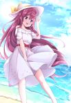  1girl :d absurdres acchii_(akina) beach blush collarbone day dress eyebrows_visible_through_hair feet_out_of_frame floating_hair hair_between_eyes hat highres kamikaze_(kantai_collection) kantai_collection long_hair ocean off-shoulder_dress off_shoulder open_mouth purple_eyes purple_hair short_sleeves smile solo sparkle sun sunlight water white_dress white_headwear 