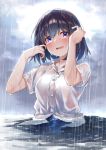  1girl absurdres arm_up bangs black_hair blush bra breasts collarbone crying dress_shirt hand_up highres large_breasts looking_at_viewer ocean open_mouth original outdoors pleated_skirt rain shirt short_hair short_sleeves skirt solo tears underwear uniform upper_body wachiroku_(masakiegawa86) wading water wet wet_clothes wet_hair wet_shirt white_shirt wing_collar 