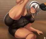  1girl abs ass black_hairband blue_eyes blush bodysuit breasts cameltoe commentary_request covered_nipples dark_skin grey_hair gym_leader hairband highres impossible_bodysuit impossible_clothes jmg knee_pads kneepits leg_up lying medium_breasts no_bra nose_blush on_side pokemon pokemon_(game) pokemon_swsh saitou_(pokemon) short_hair sideboob solo sweat thick_thighs thighs 