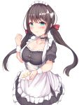  1girl :t aitama_aizu apron azur_lane bangs black_dress black_hair blue_eyes blush breasts cake cake_slice cleavage clenched_hand closed_mouth collarbone commentary_request cowboy_shot dress eating eyebrows_visible_through_hair food frilled_apron frilled_dress frills glasgow_(azur_lane) hair_between_eyes hair_ribbon hand_up highres holding holding_plate large_breasts long_hair looking_at_viewer low_twintails maid maid_dress maid_headdress neck_garter plate puffy_short_sleeves puffy_sleeves red_ribbon ribbon short_sleeves sidelocks simple_background solo standing strawberry_shortcake taut_clothes taut_dress twintails white_apron white_background wrist_cuffs 