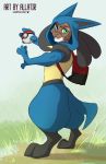  action_pose allatir anthro backpack clothing cosplay costume fursuit fursuiter heterochromia hi_res jake_thumpings lagomorph leporid lucario male mammal nintendo pok&eacute;ball pok&eacute;mon pok&eacute;mon_(species) pose rabbit solo suit video_games 